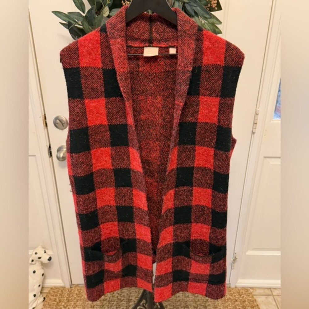 Devotion by Cyrus Red & Black Buffalo Check Plaid Open Front Sweater Vest L